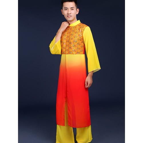 Men's  red with yellow chinese folk dance costumes chinese style dragon drummer stage performance costumes yangko performance clothes 